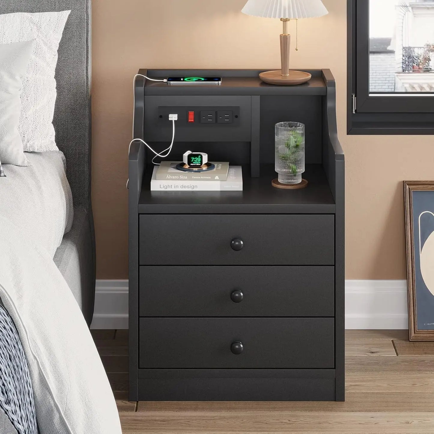 Smart Nightstand with Built-in Charging Station & Storage